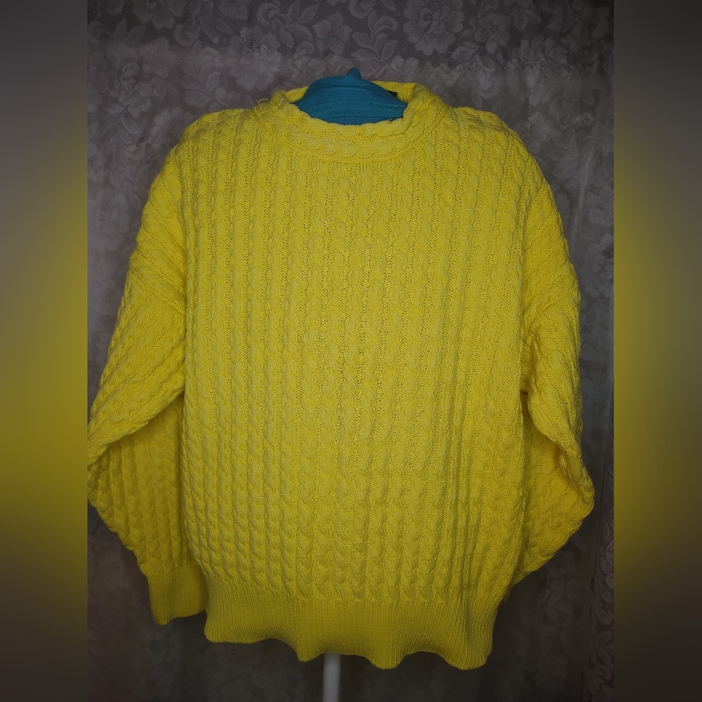 Vintage Nautica Sweater Yellow 90s Cable Knit Ribbed Chunky Crewneck